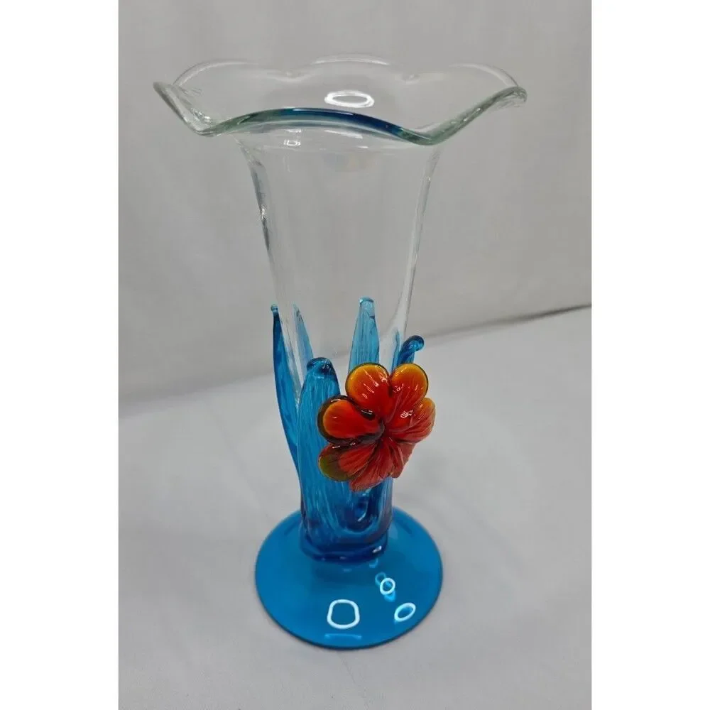 Vintage Murano Style Art Glass Vase | Blue Waves w/ Orange Flower | Hand Blown